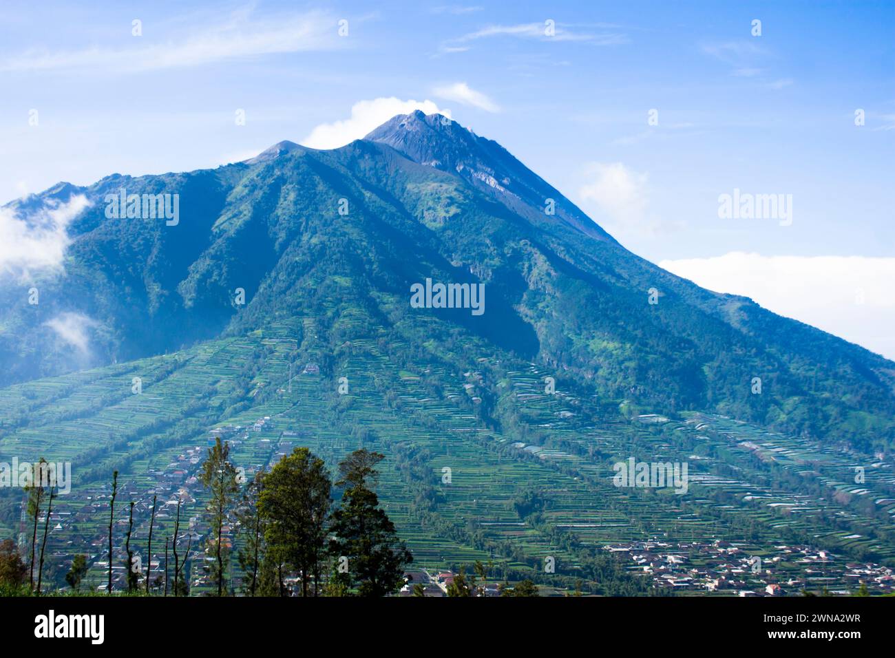 Photo of the view of Manajar Reservoir with a view of Mount Merbabu in Boyolali, Central Java Stock Photo