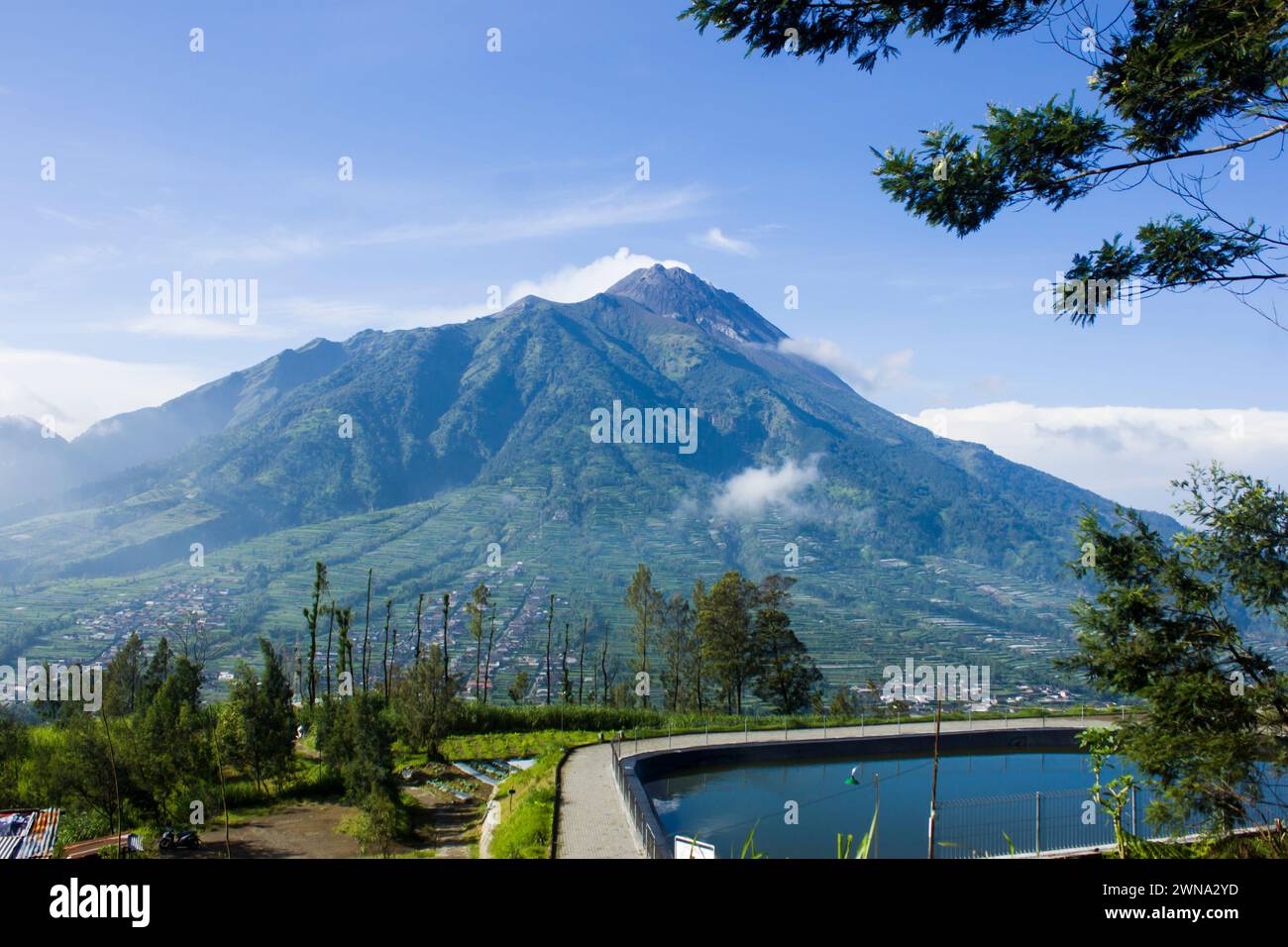 Photo of the view of Manajar Reservoir with a view of Mount Merbabu in Boyolali, Central Java Stock Photo