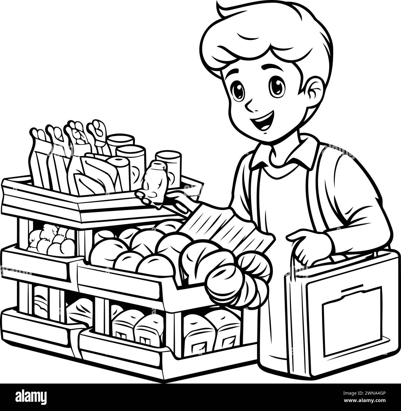 Black and White Cartoon Illustration of Boy Selling Groceries or Groceries for Coloring Book Stock Vector