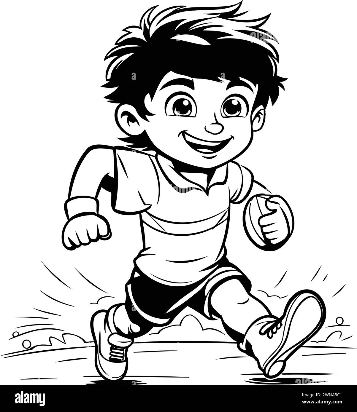 Running boy - Black and White Cartoon Illustration. Vector Clip Art