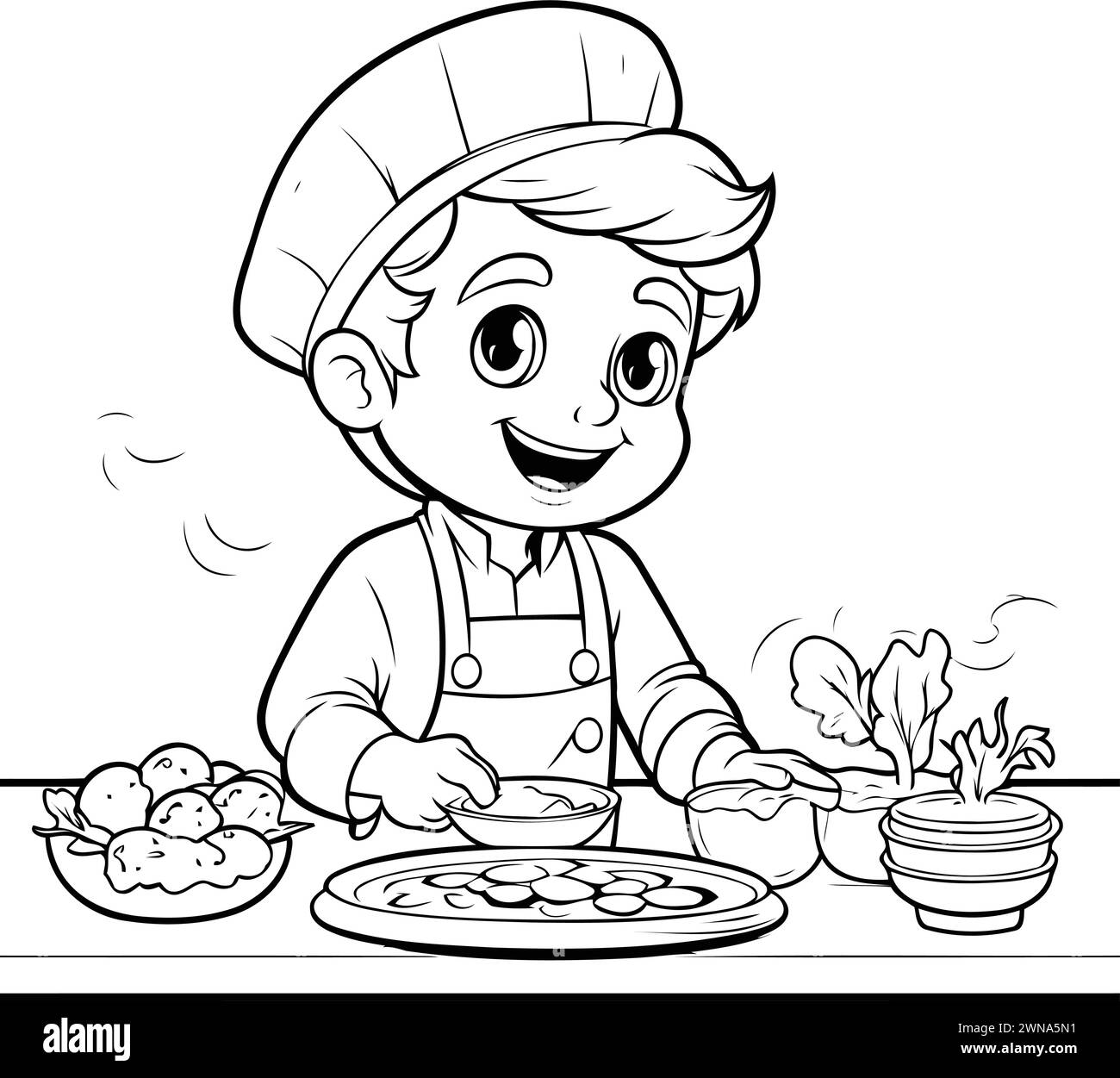 Black and White Cartoon Illustration of Little Chef Boy Cooking Food for Coloring Book Stock Vector