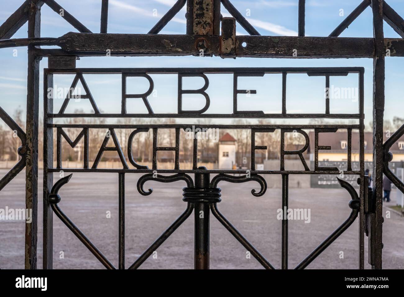 DACHAU, GERMANY Work sets you free sign on gates at Dachau Concentration Camp. Stock Photo