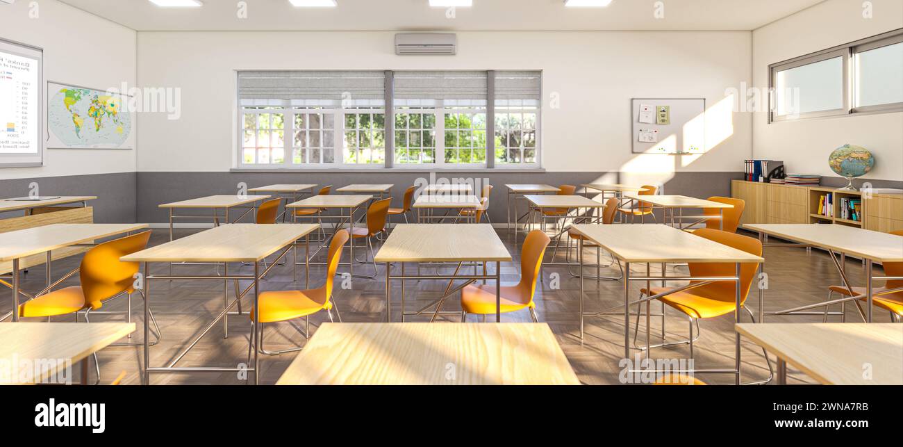 Bright and modern classroom interior with empty desks and chairs. 3d render Stock Photo