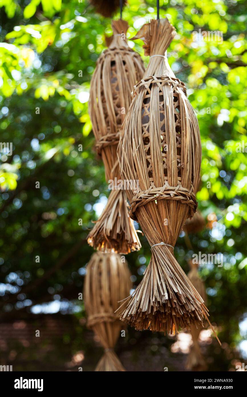 A group of traditional Vietnamese wicker lanterns hanging outdoors in a park. Several lampshades made of rattan, with rustic and eco-friendly design - Stock Image