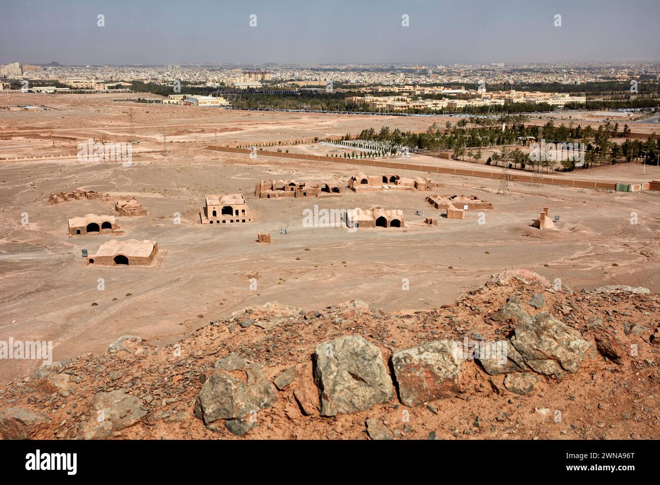 Aerial view of the old Khayleh, buildings for relatives of deceased to rest during Zoroastrian burial ceremony. Towers of Silence, Yazd, Iran.  Zoroas Stock Photo