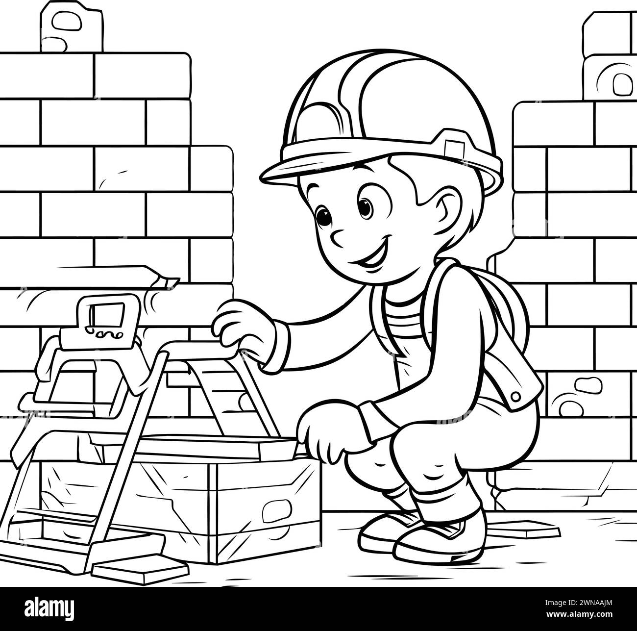 Illustration of a Kid Boy Building a Brick Wall - Coloring Page Stock Vector