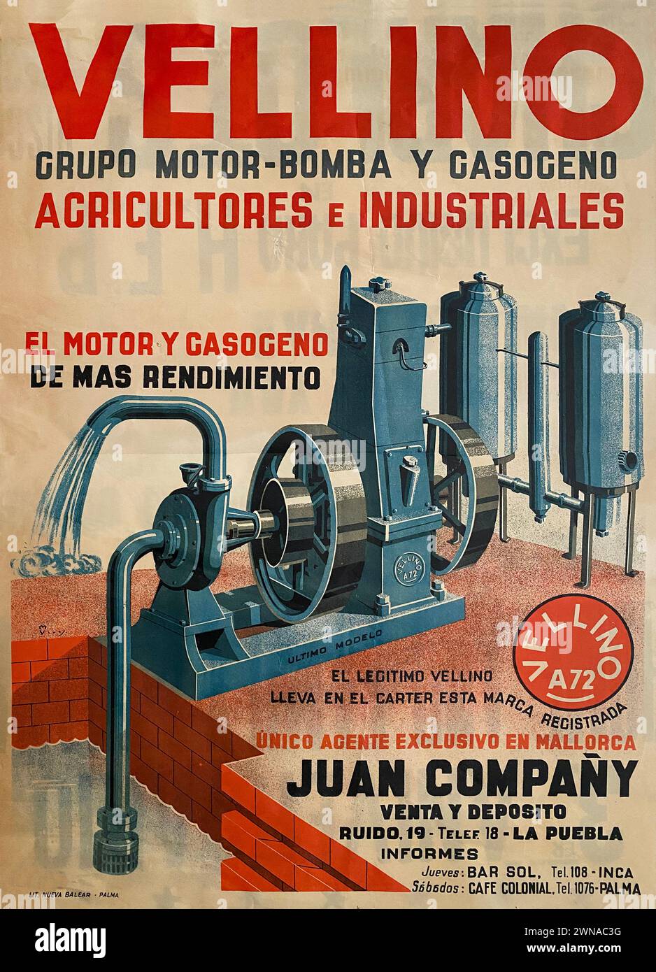 Advertising poster from the 1940s for wood gas engines in  Sa Pobla, Mallorca Stock Photo