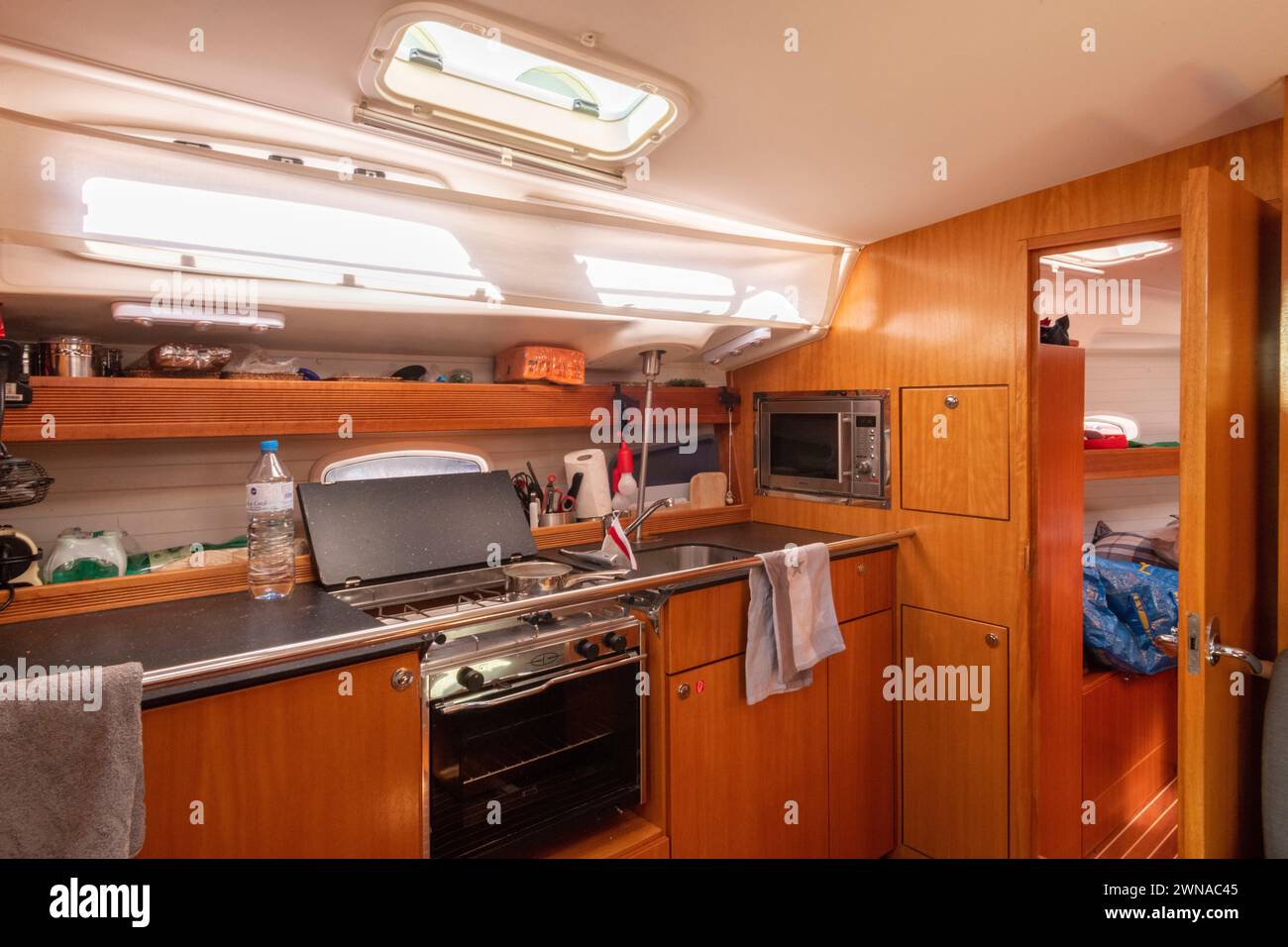 Cabin of a Bavaria 43 Cruiser sailing yacht. Stock Photo