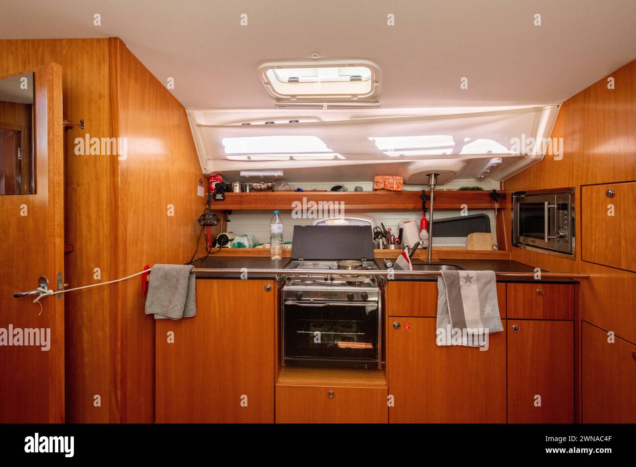 Cabin of a Bavaria 43 Cruiser sailing yacht. Stock Photo