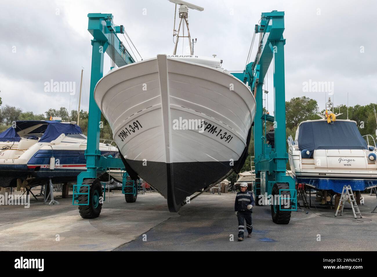 Launching of the 'Marjupe II' at the Cala d'Or shipyard after three months of repairs. Stock Photo
