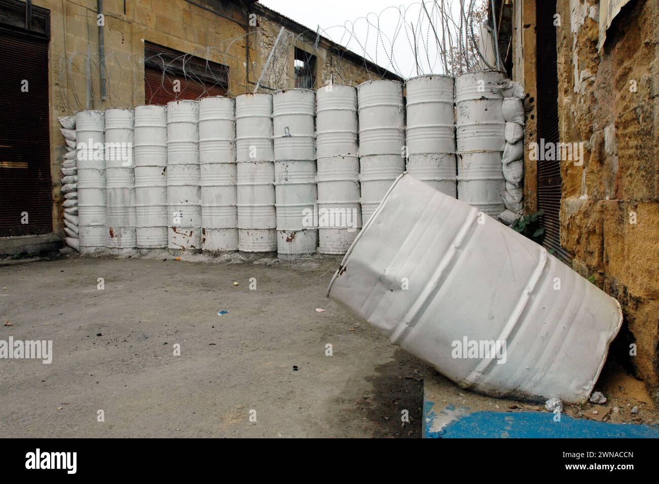 Barricade barrels mark the dividing line between Greek Cypriot and Turkish Cypriot residents of Nicosia. Stock Photo