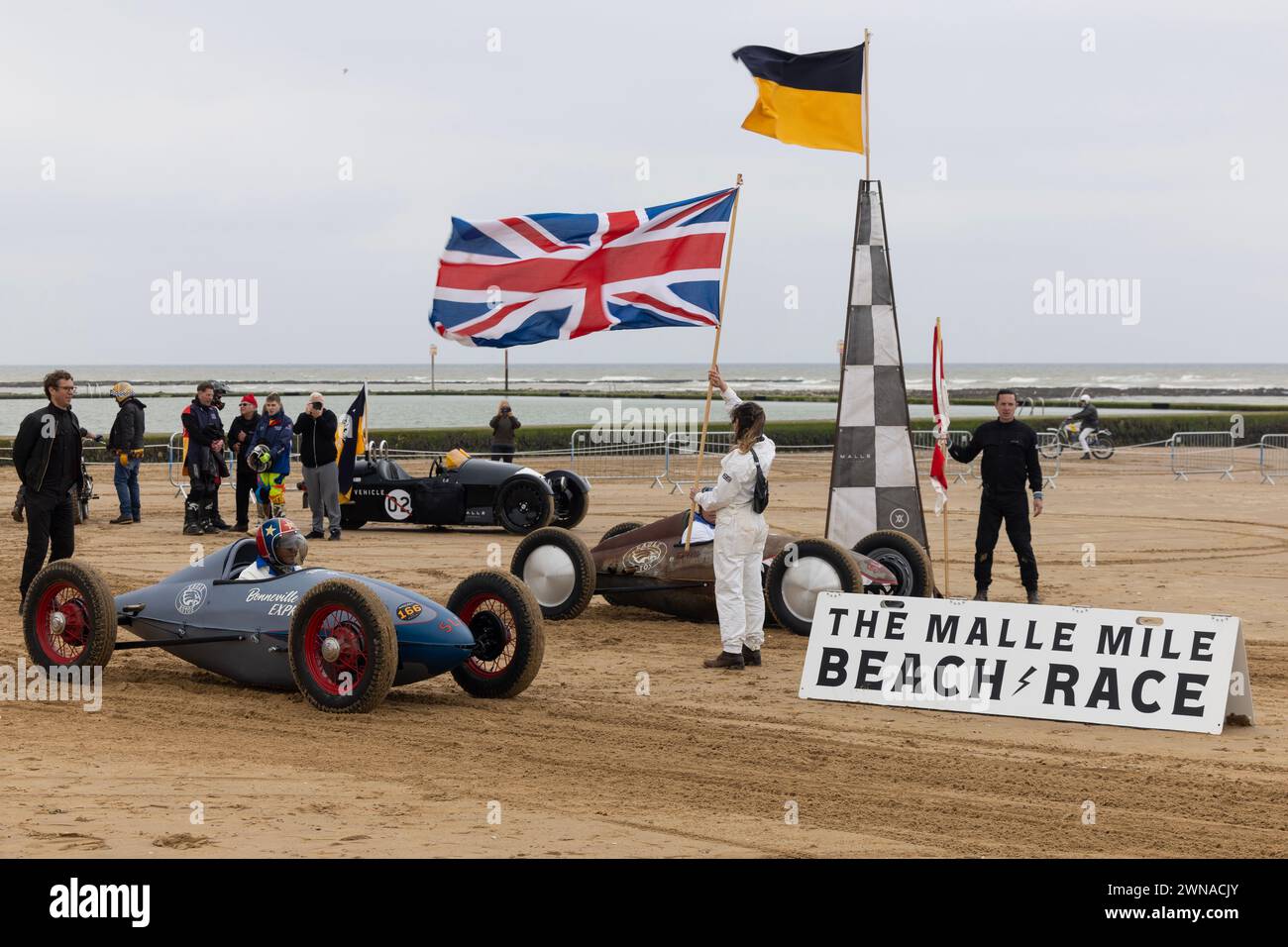 14/03/23 Competitors take part in the Malle Mile Beach Race on Margate beach, Kent. More than