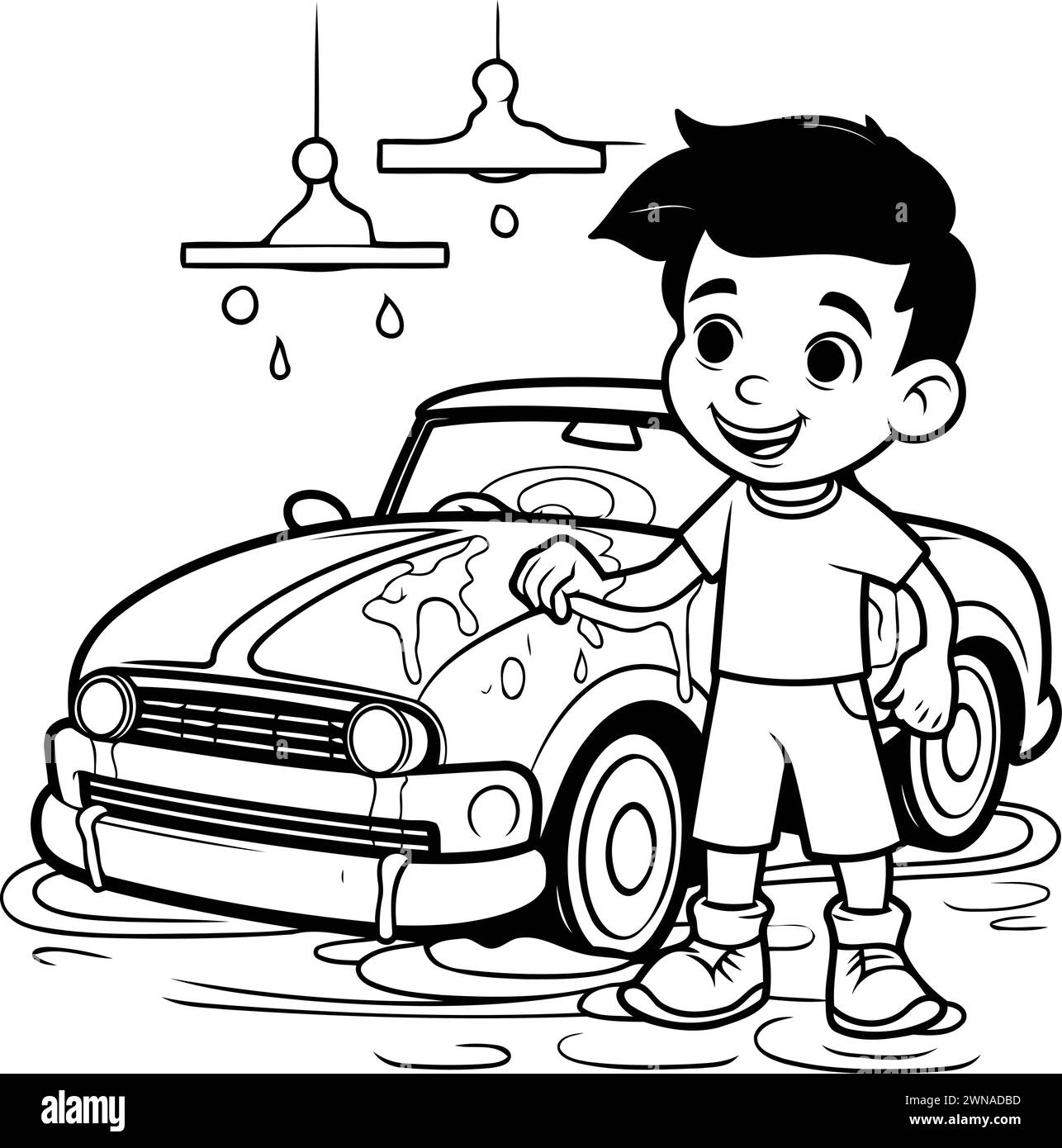 Boy washing his car black and white vector illustration for coloring book Stock Vector Image