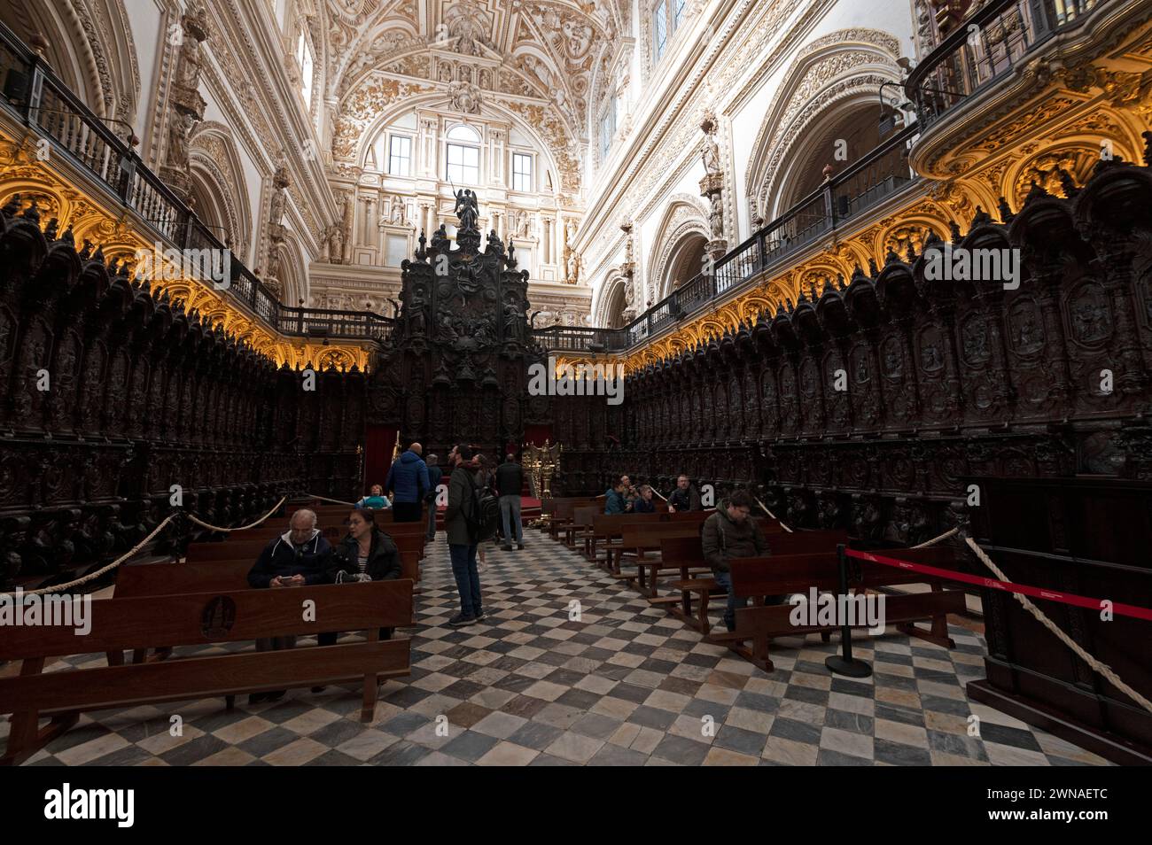 Mosque/ Cathedral of Cordoba  The Choir stalls carved by sculptor Pedro Duque Cornejo are made of mahogany wood which is a Baroque masterpiece imported Stock Photo