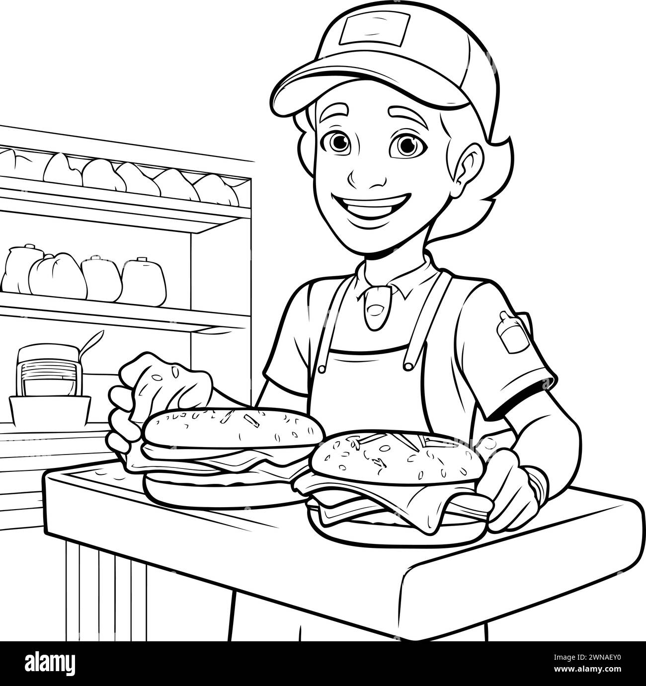 Cartoon Illustration of a Fast Food Seller or Chef Coloring Page Stock Vector