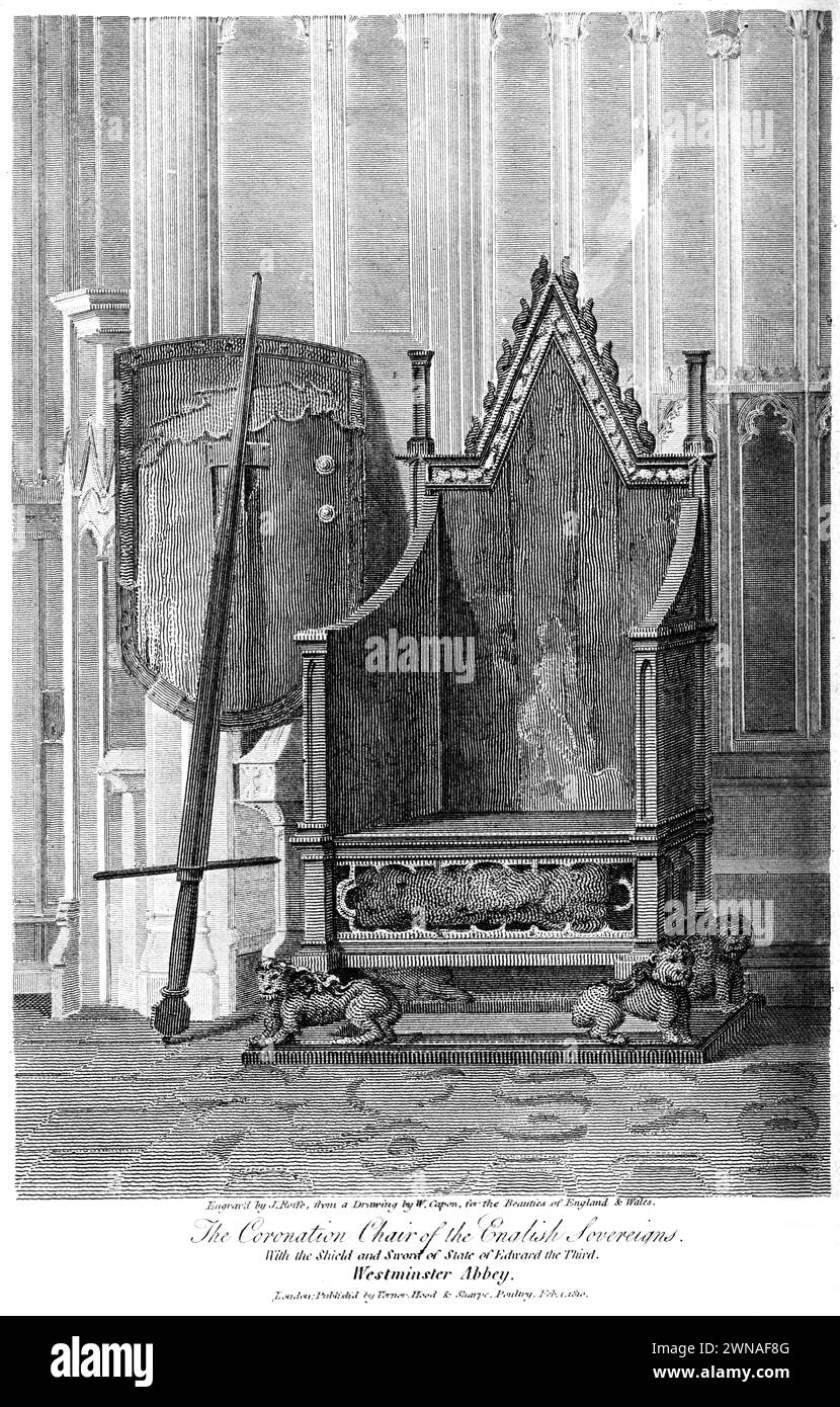 Engraving entitled The Coronation Chair of the English Sovereigns. With the Shield and Sword of State of Edward the Third. Westminster Abbey, London. Stock Photo