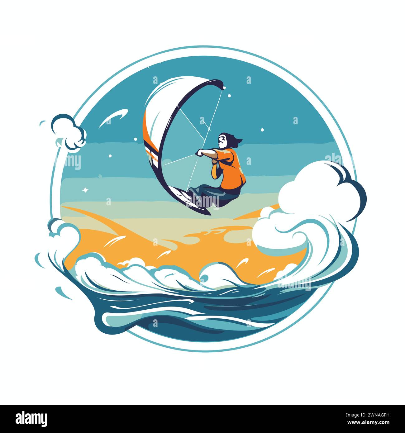 Kitesurfer on the waves in the sea. Vector illustration Stock Vector