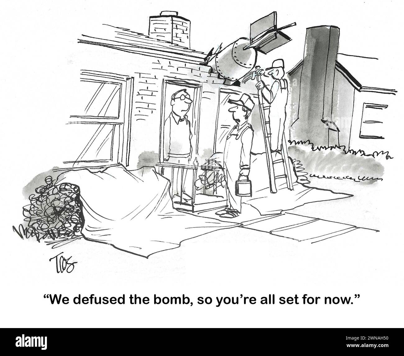 BW cartoon of an active bomb that flew into a home, the guards have defused it. Stock Photo