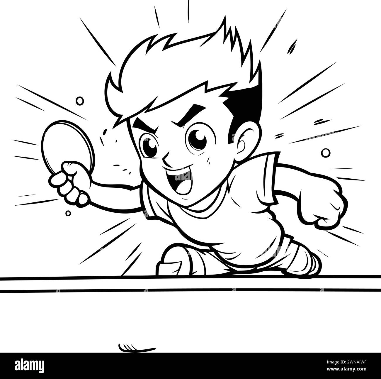 Boy playing table tennis - Black and White Cartoon Illustration. Vector Stock Vector
