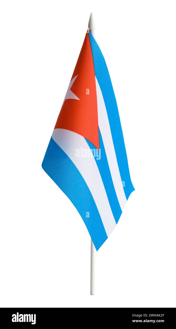 Small Cuban Desk Flag Cut Out on White. Stock Photo