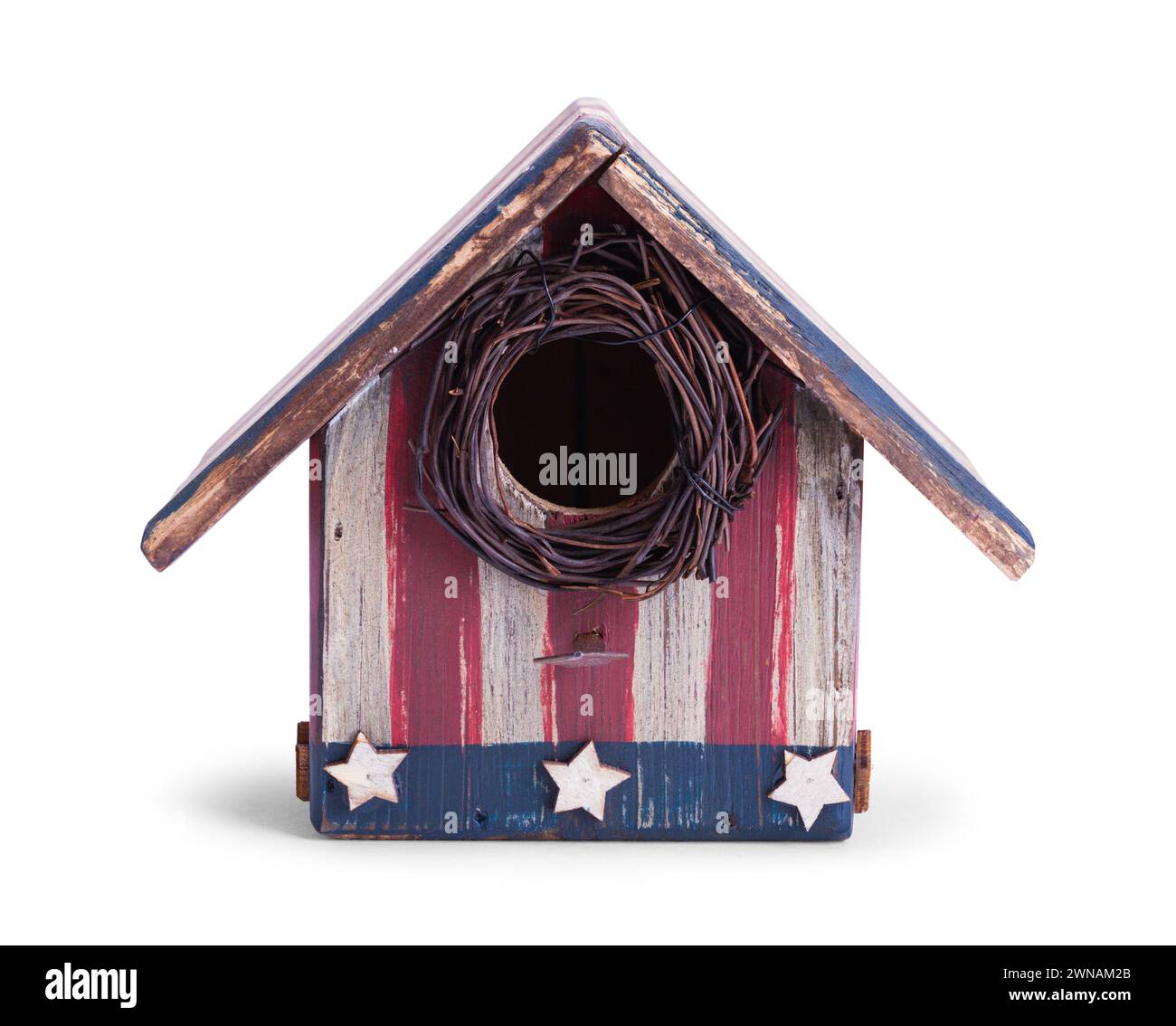 Front View of a Rustic Patriotic Bird House Cut Out on White. Stock Photo