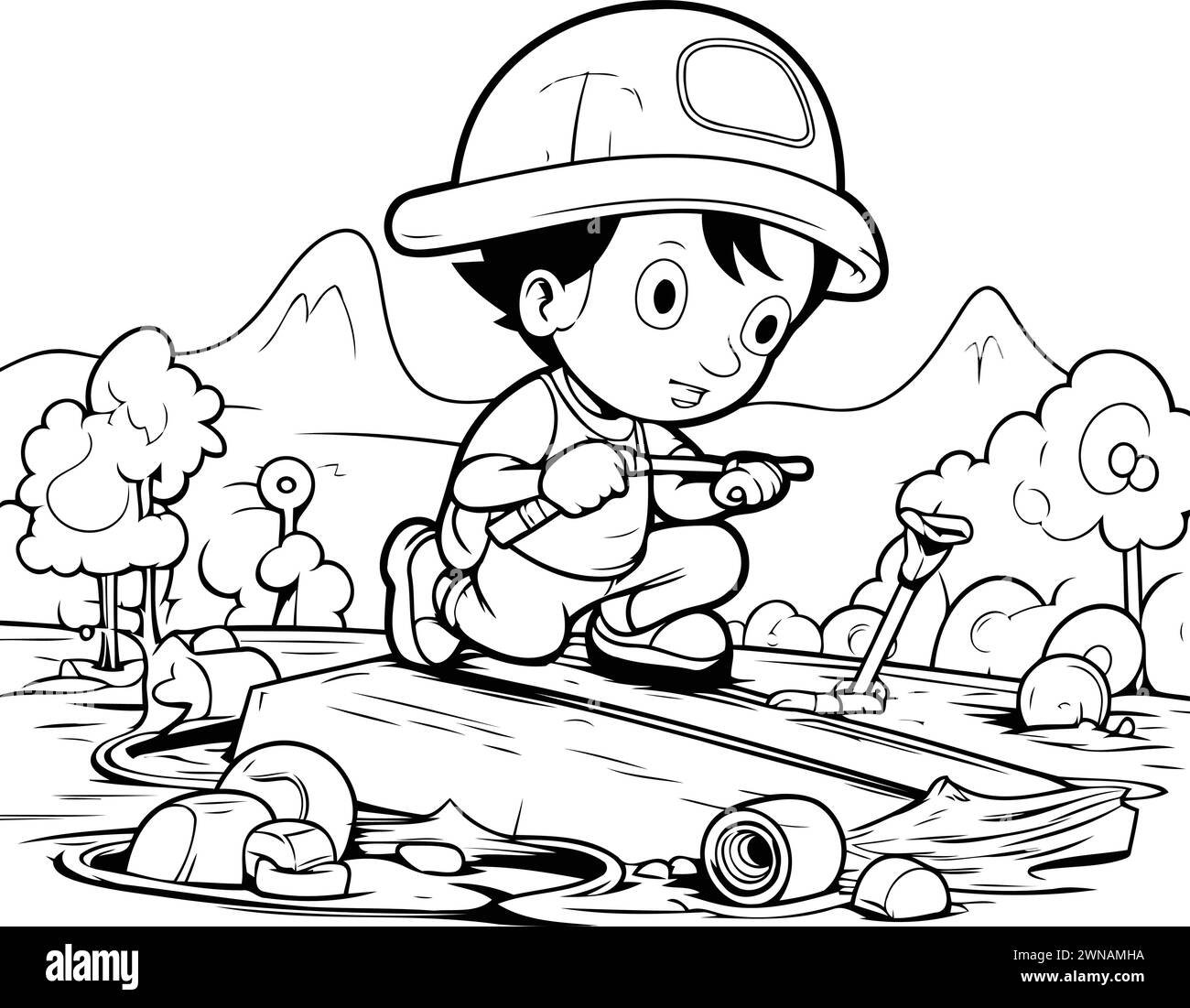 Black and White Cartoon Illustration of Kid Playing Skateboard in the Park Coloring Book Stock Vector