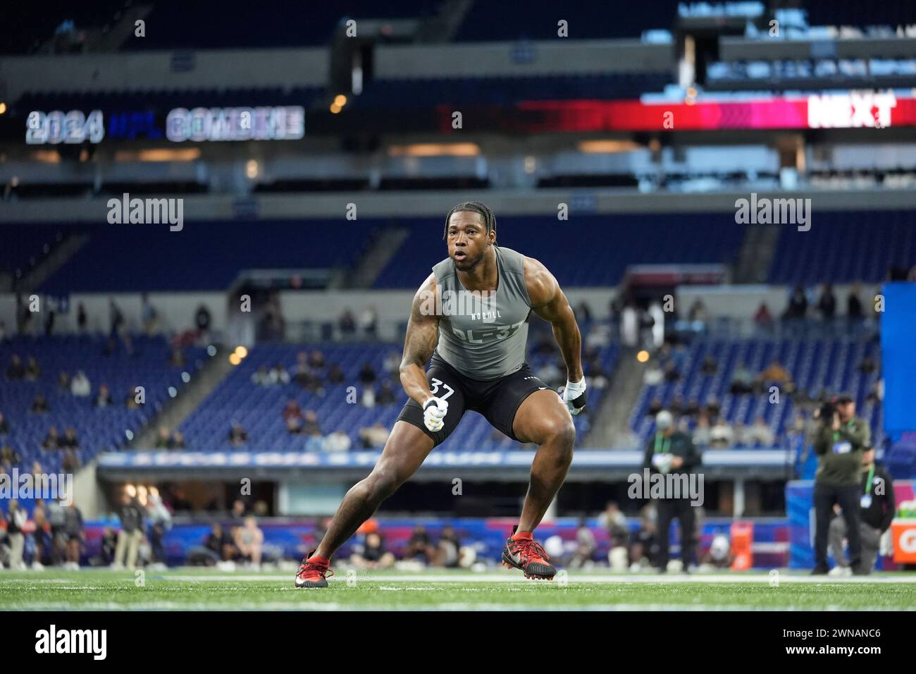 Notre Dame defensive lineman Javontae JeanBaptiste runs a drill at the