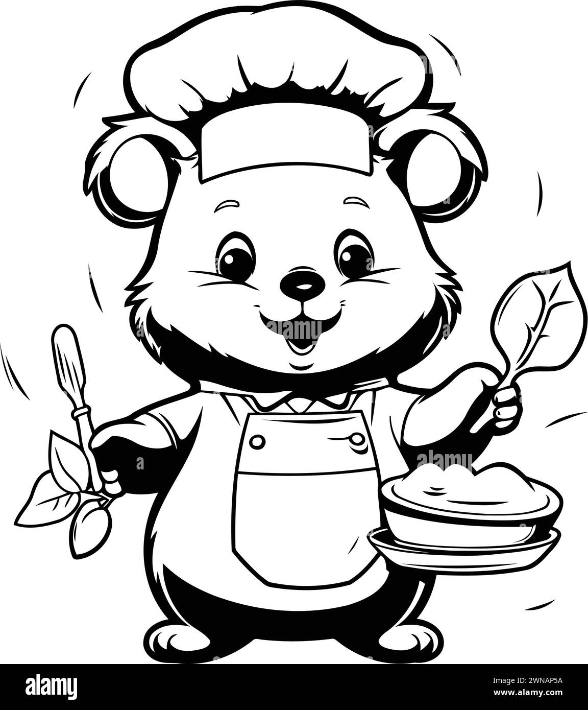 Black and White Cartoon Illustration of Cute Animal Chef with Spoon and Plate for Coloring Book Stock Vector