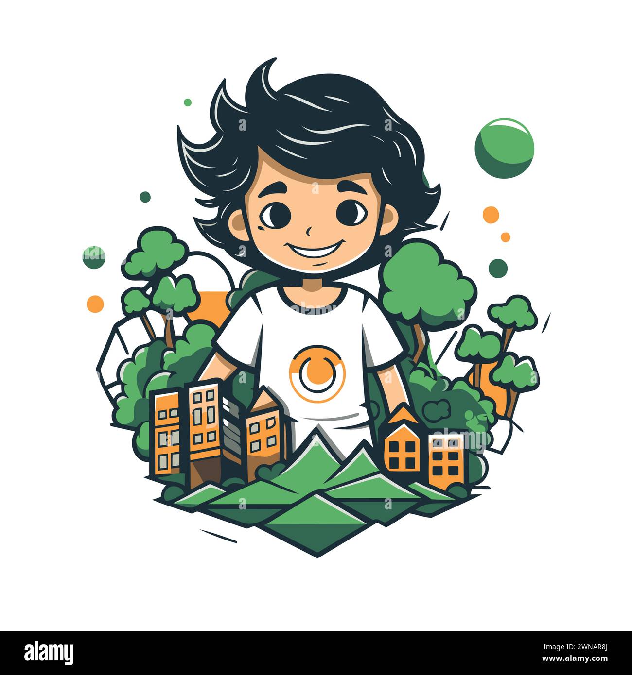 Vector illustration of a boy in a city park with buildings and trees. Stock Vector