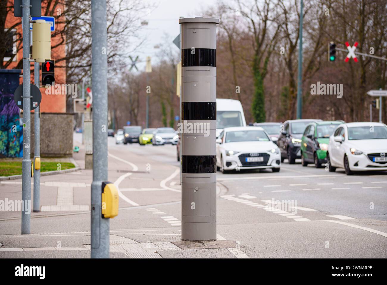 Augsburg, Bavaria, Germany - March 1, 2024: Speed camera column in the city of Augsburg for traffic monitoring. Speed trap *** Blitzersäule in der Stadt Augsburg zur Verkehrsüberwachung. Radarfalle Stock Photo