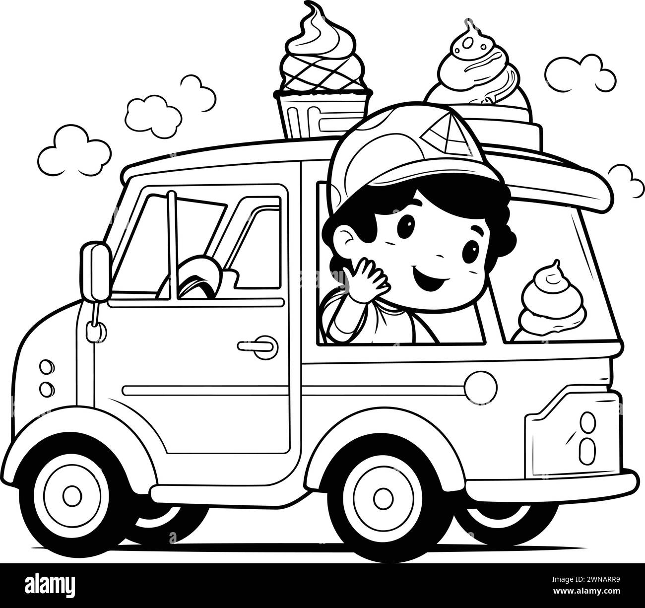 Vector illustration of cute boy with ice cream in car. Black and white. Stock Vector