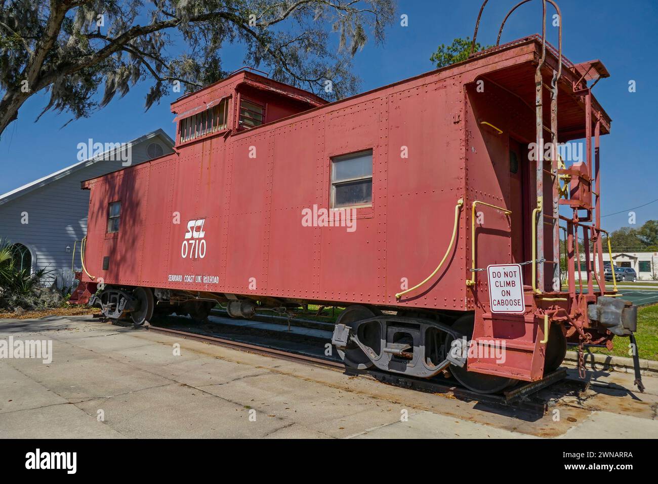 Railroad caboose resides in James Paul Park in High Springs, Florida. Stock Photo