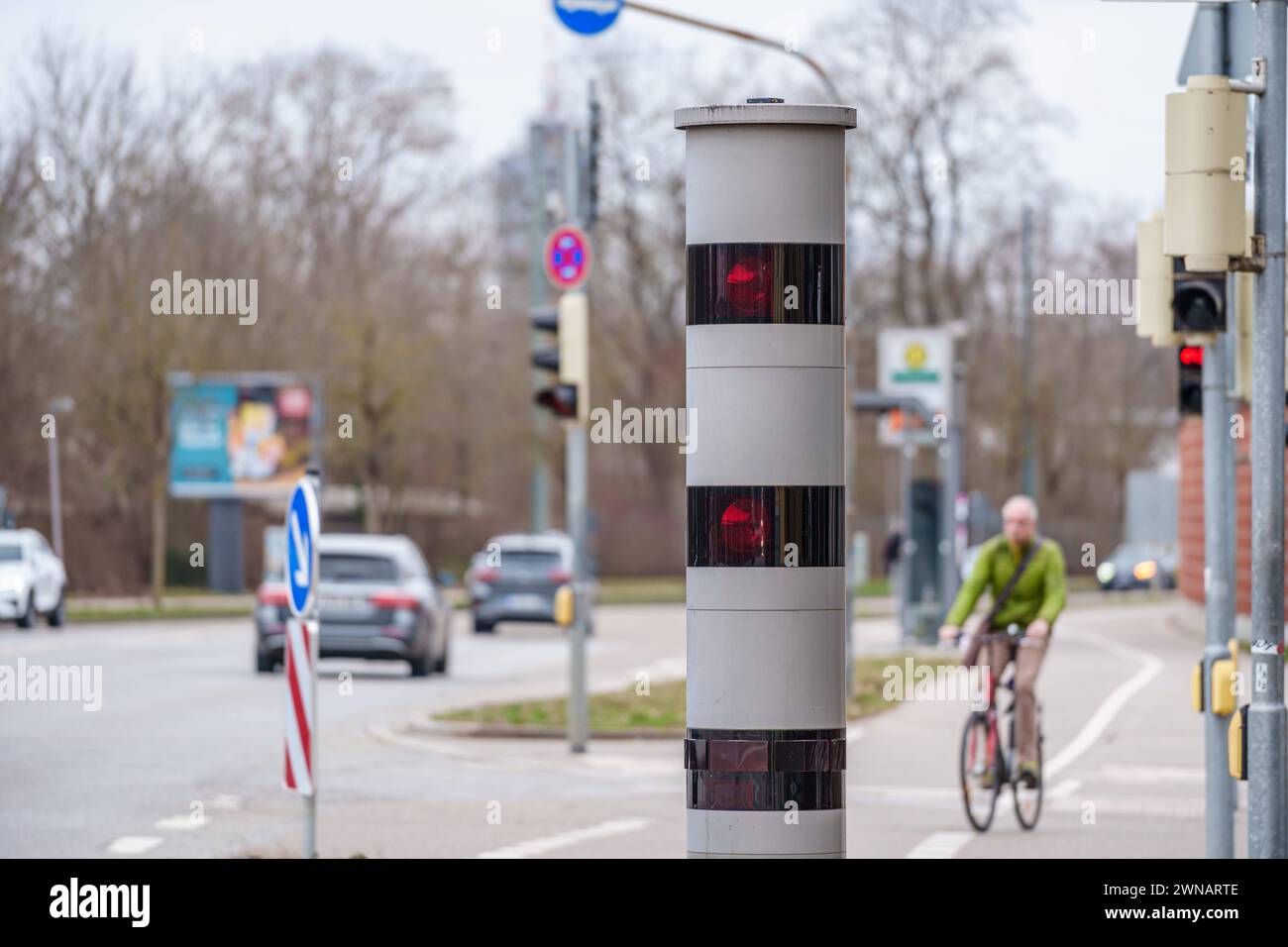 Augsburg, Bavaria, Germany - March 1, 2024: Speed camera column in the city of Augsburg for traffic monitoring. Speed trap *** Blitzersäule in der Stadt Augsburg zur Verkehrsüberwachung. Radarfalle Stock Photo