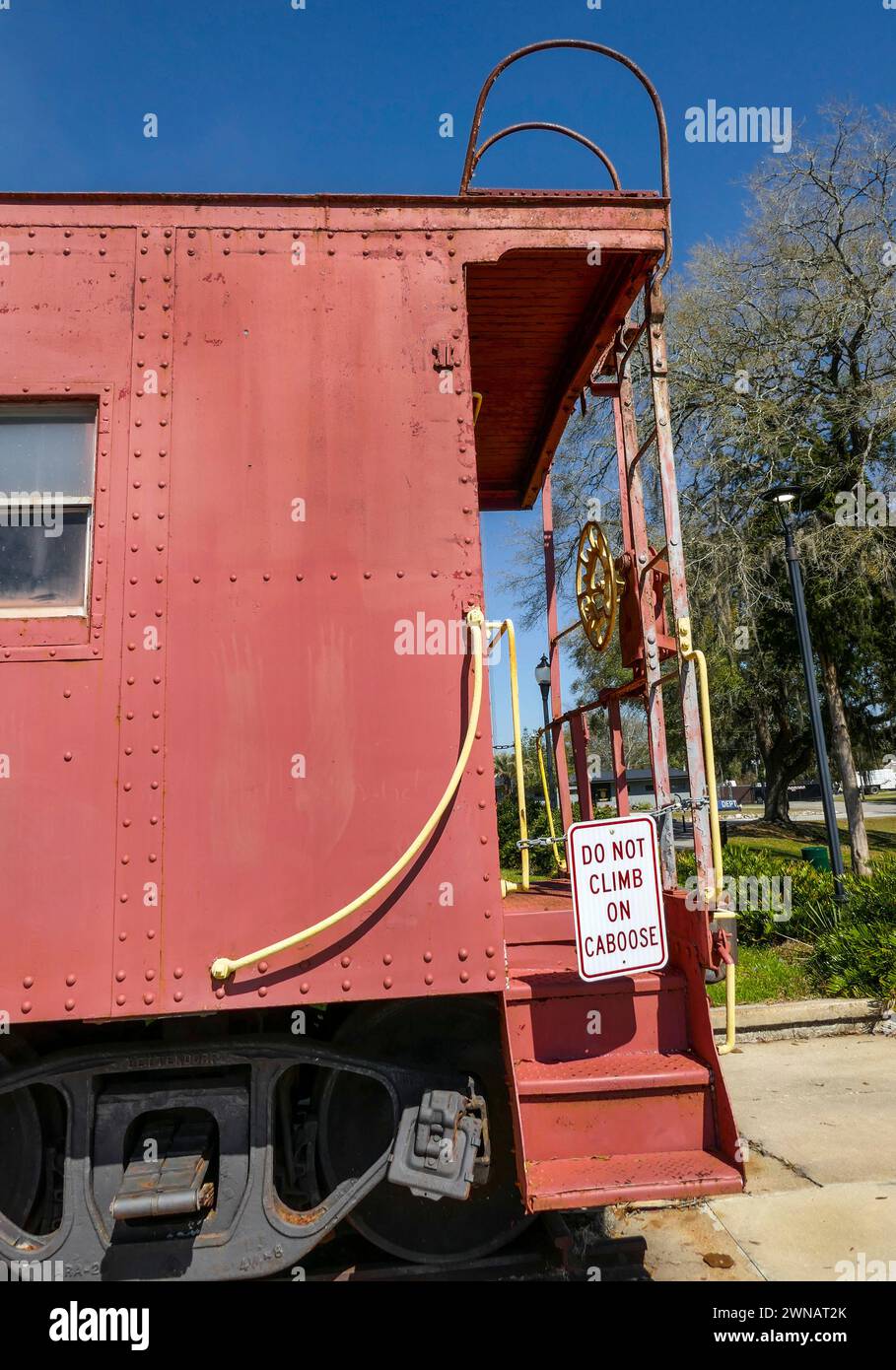 Railroad caboose resides in James Paul Park in High Springs, Florida. Stock Photo