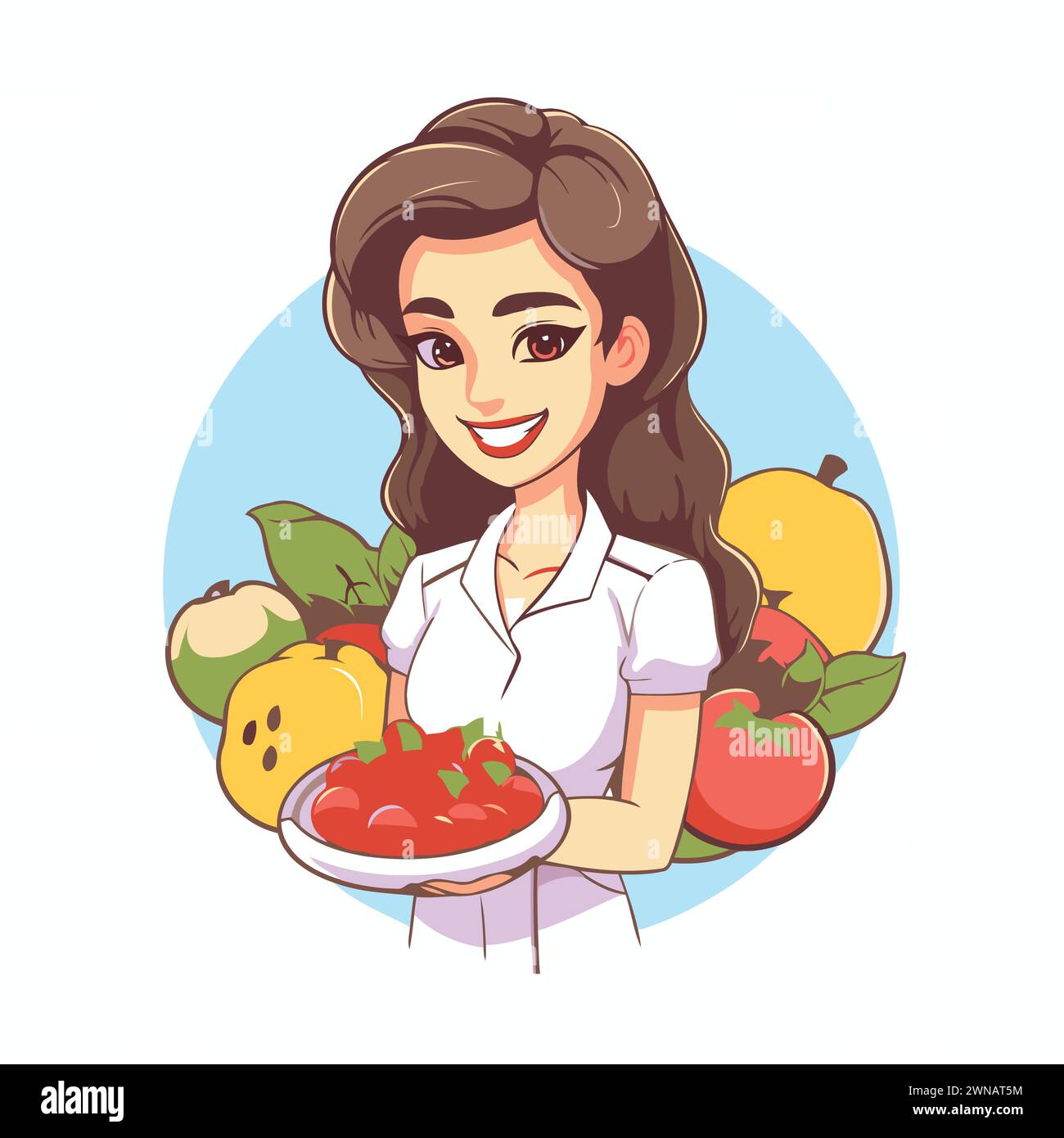 Woman chef holding a plate of fresh fruits and vegetables. Vector ...