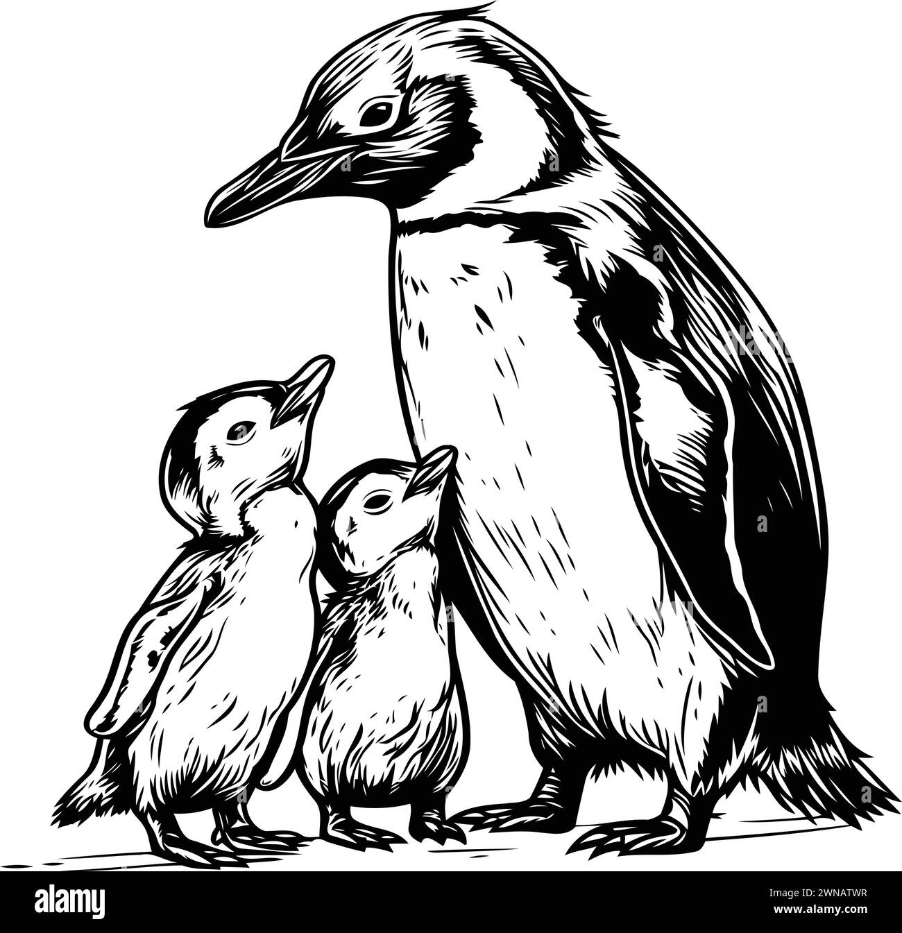 Penguin family with chick. Black and white vector illustration Stock