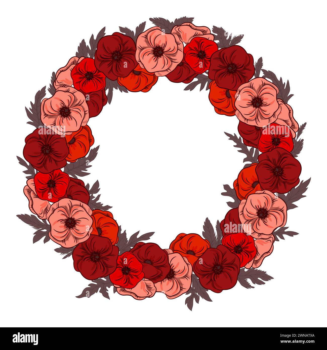 A wreath of red poppies with leaves. Isolated on white. Beautiful wildflowers. Flower pattern. ( common poppy,corn poppy,corn rose,field poppy,Flander Stock Photo