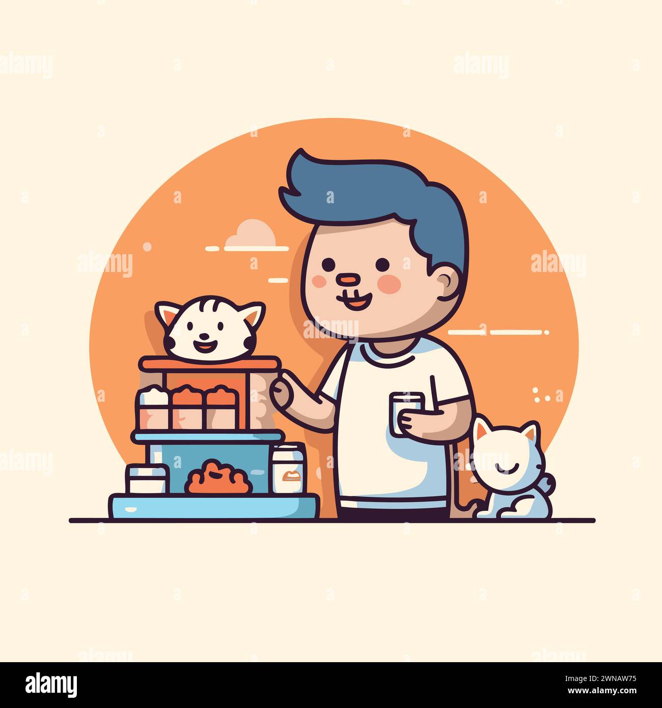 Cute boy with cat and dog in pet shop. Vector illustration Stock Vector