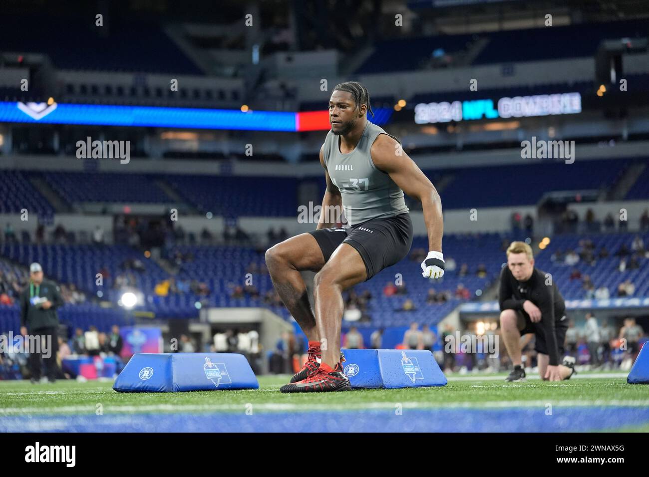 Notre Dame defensive lineman Javontae JeanBaptiste runs a drill at the