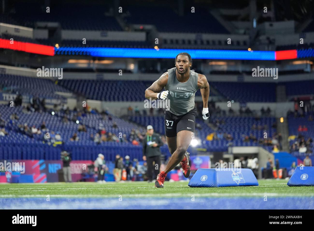 Notre Dame defensive lineman Javontae JeanBaptiste runs a drill at the