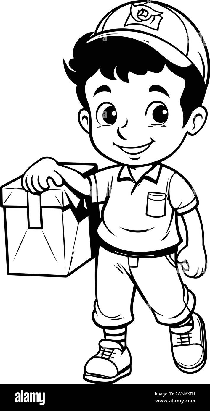 Vector illustration of a boy holding a box of food. Coloring book for children. Stock Vector