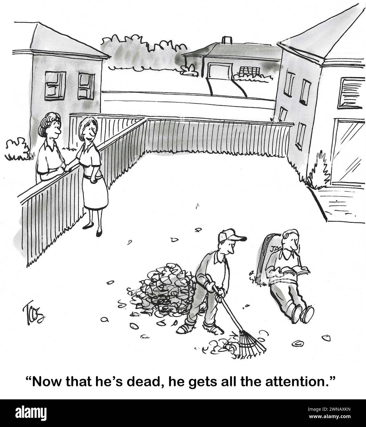 BW cartoon of a man whose grave site is in his backyard.  He gets lots of attention. Stock Photo