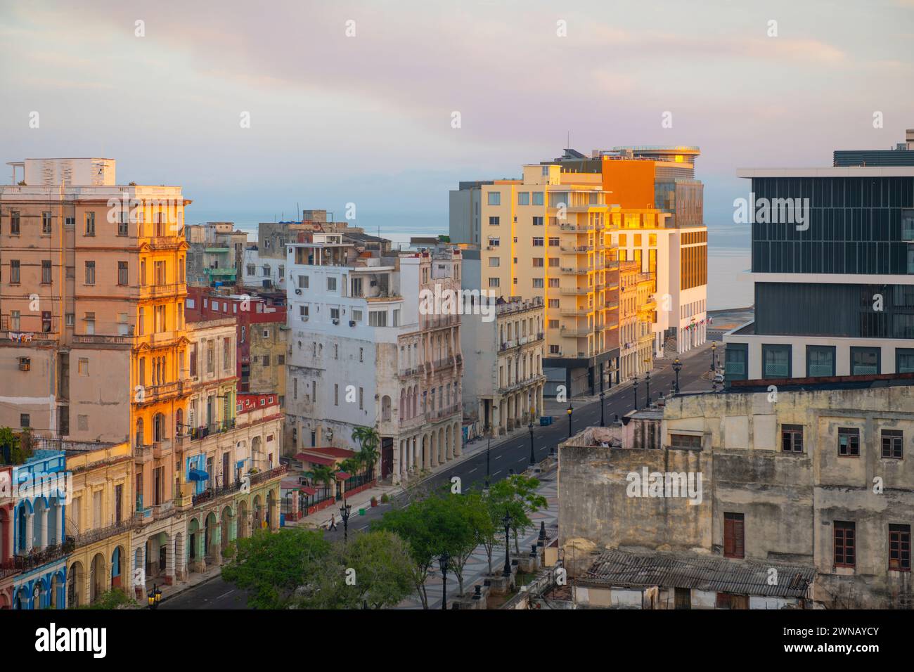 Paseo del Prado aerial view with modern skyscrapers in Vedado with the morning light in Havana, Cuba. Old Havana is a World Heritage Site. Stock Photo