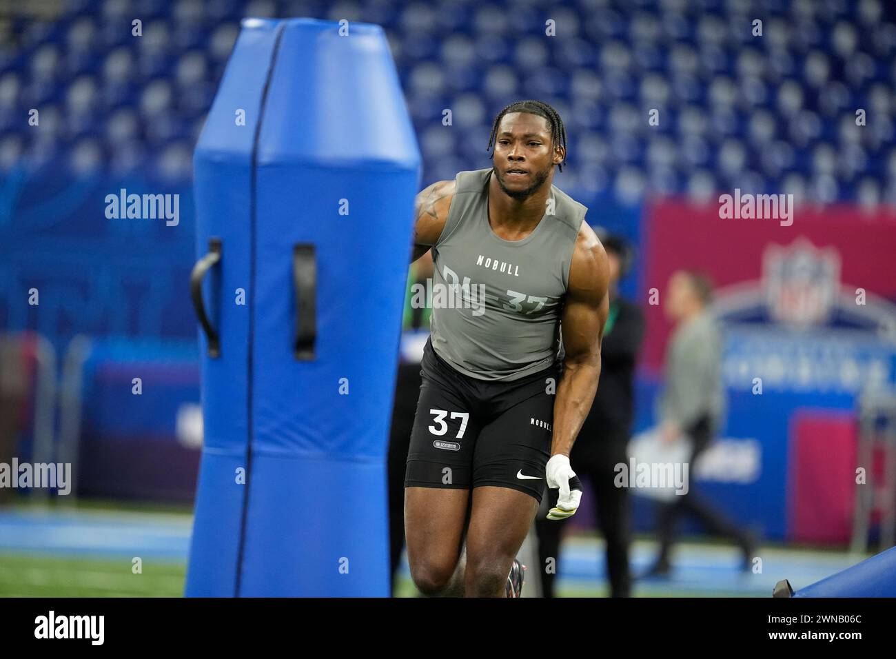 Notre Dame defensive lineman Javontae JeanBaptiste runs a drill at the