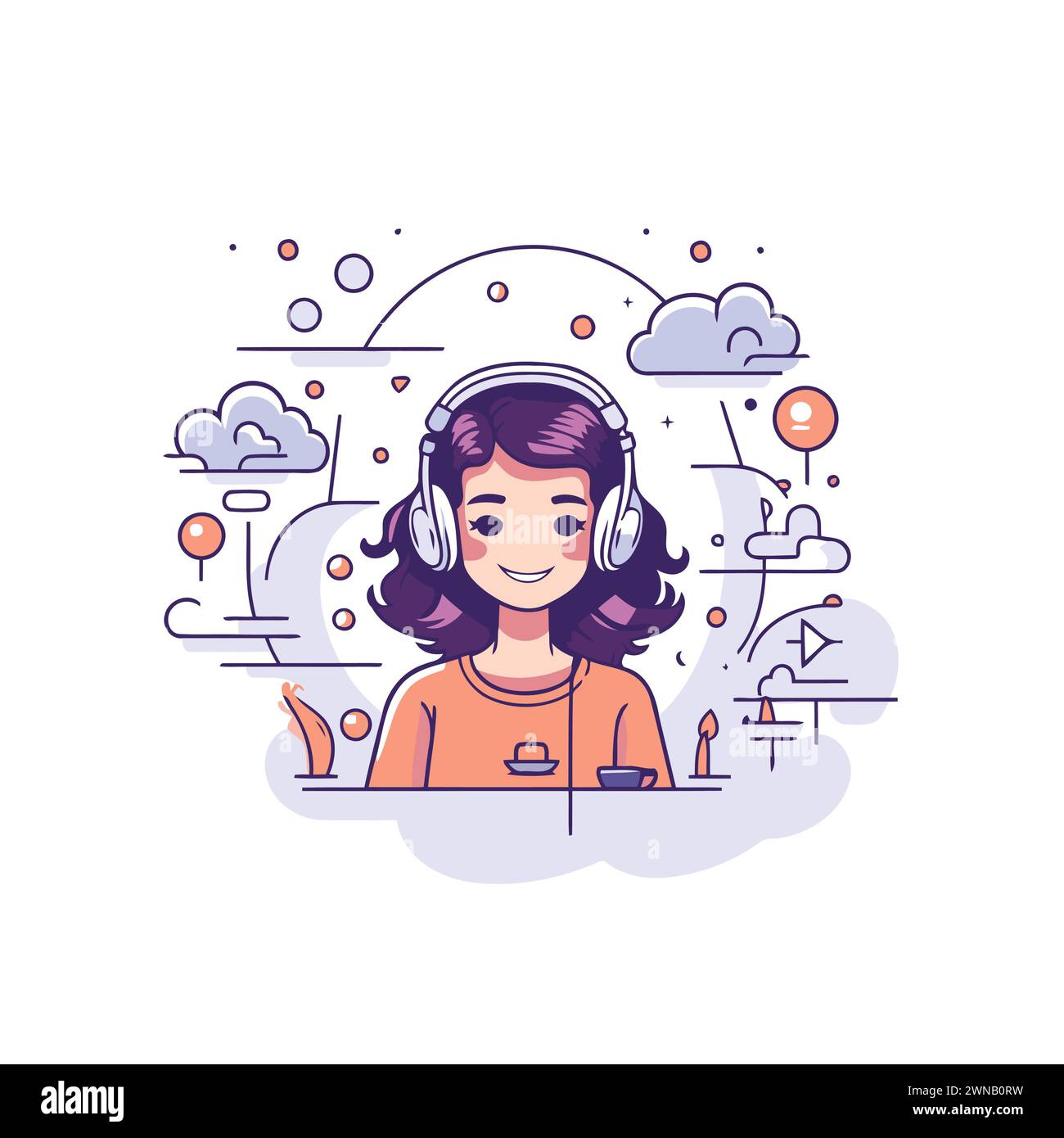 Girl listening to music in headphones. Modern flat style vector illustration. Stock Vector