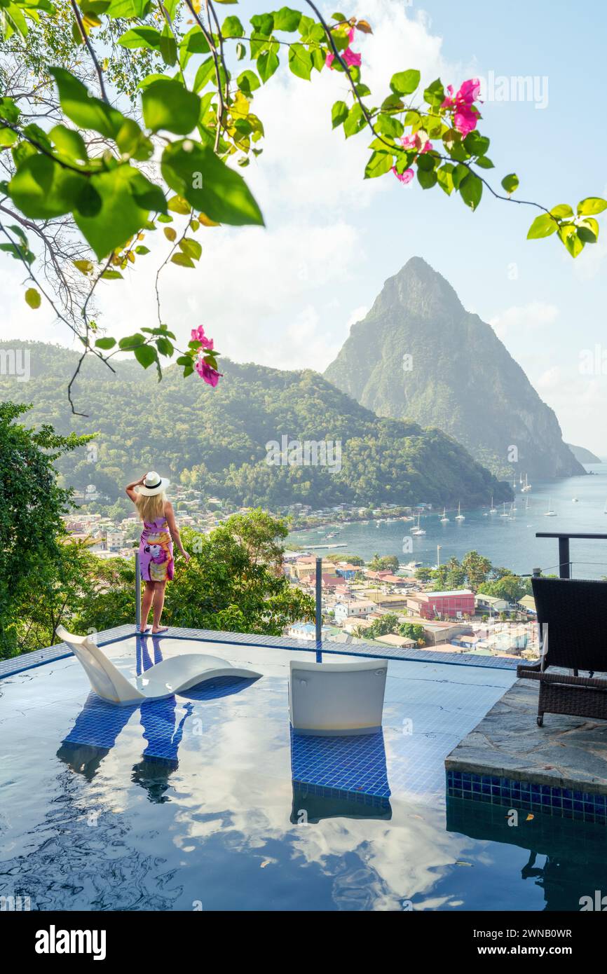 Woman enjoying the Piton Mountain Views from Green Fig Resort Soufriere
