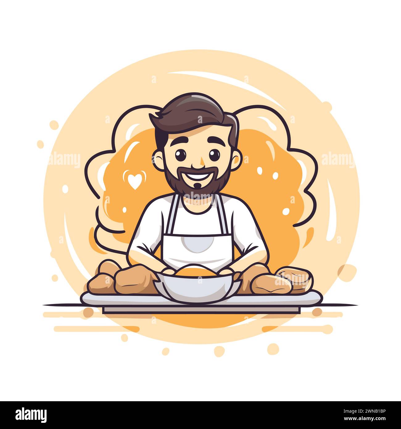 Vector illustration of a man cooking bread in the kitchen. Cartoon style. Stock Vector