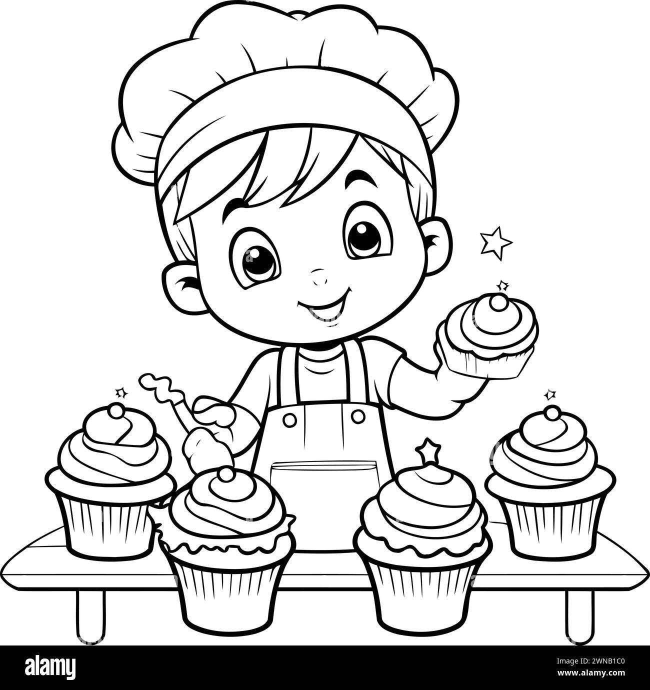Black and White Cartoon Illustration of Cute Little Boy Chef with Cupcakes for Coloring Book Stock Vector