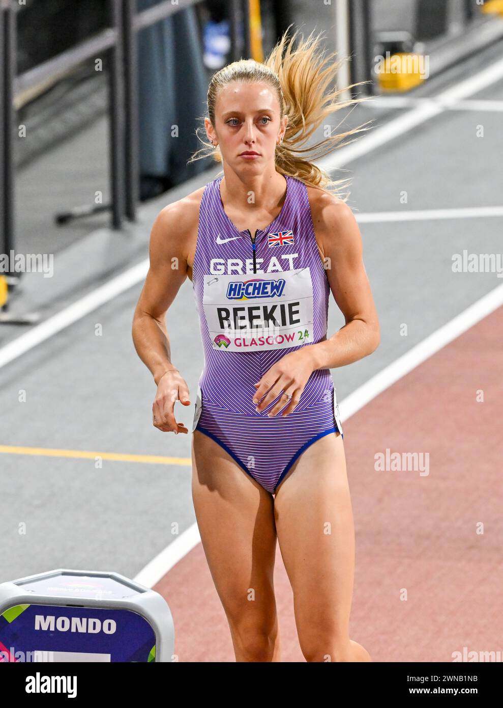 Glasgow, Scotland, UK. 01st Mar, 2024. Jemma REEKIE (GBR) prepares for her Womens 800m heat during the World Indoor Athletics Championships at the Emirates Arena, Glasgow, Scotland, UK. Credit: LFP/Alamy Live News Stock Photo