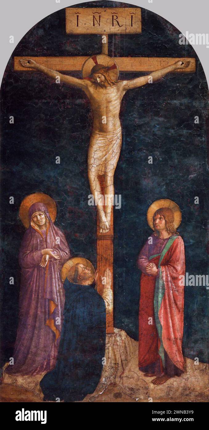Crucifixion with Mourners and St Dominic is a fresco fragment by the Italian early Renaissance painter Fra Angelico, executed c. 1435, from the refectory of the Convent of San Domenico, Fiesole, now in the Louvre. Stock Photo
